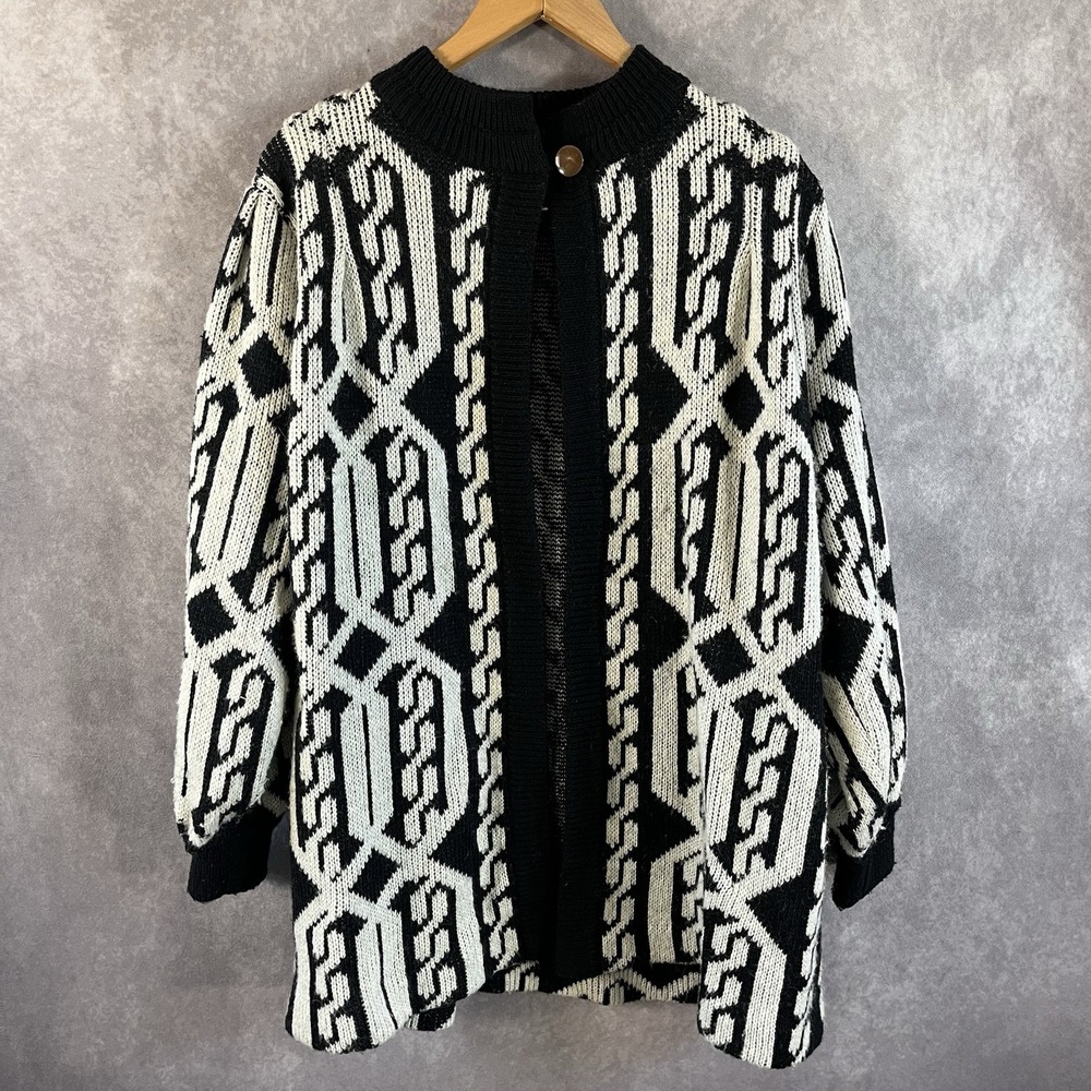 LeRoy Knitwear Cardigan Womens Medium Black White Geometric Mohair Wool Blend